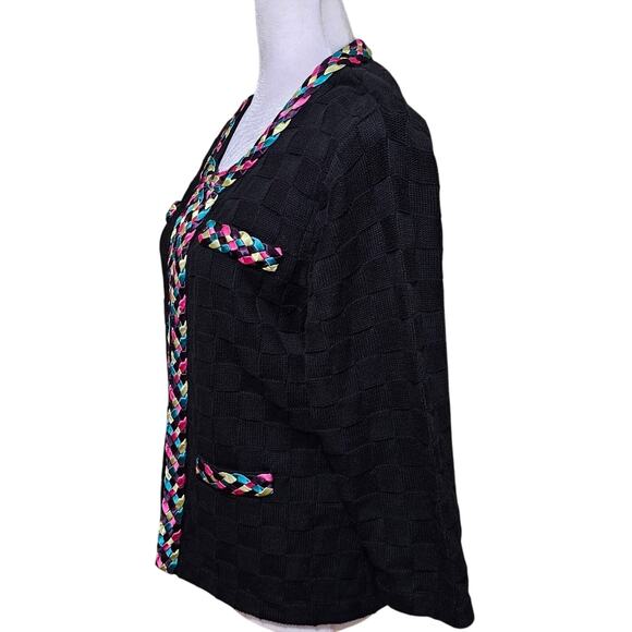 Michael Simon Cardigan Sweater Black Knit Rainbow Braid Trim Cotton Cashmere XL - Picture 2 of 8